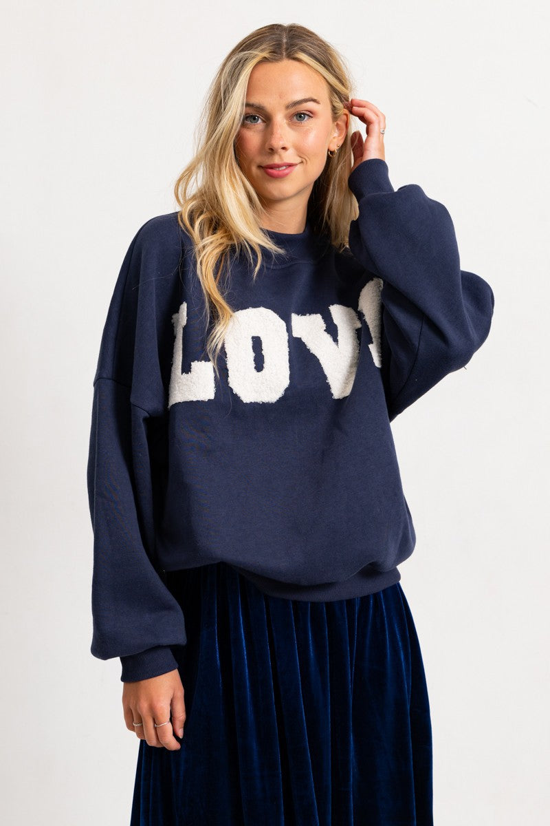 T4245FG - Love Patched Loose Fit Crew Neck Pullover Top