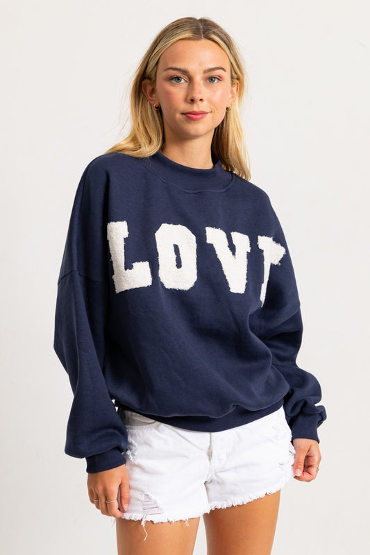 T4245FG - Love Patched Loose Fit Crew Neck Pullover Top
