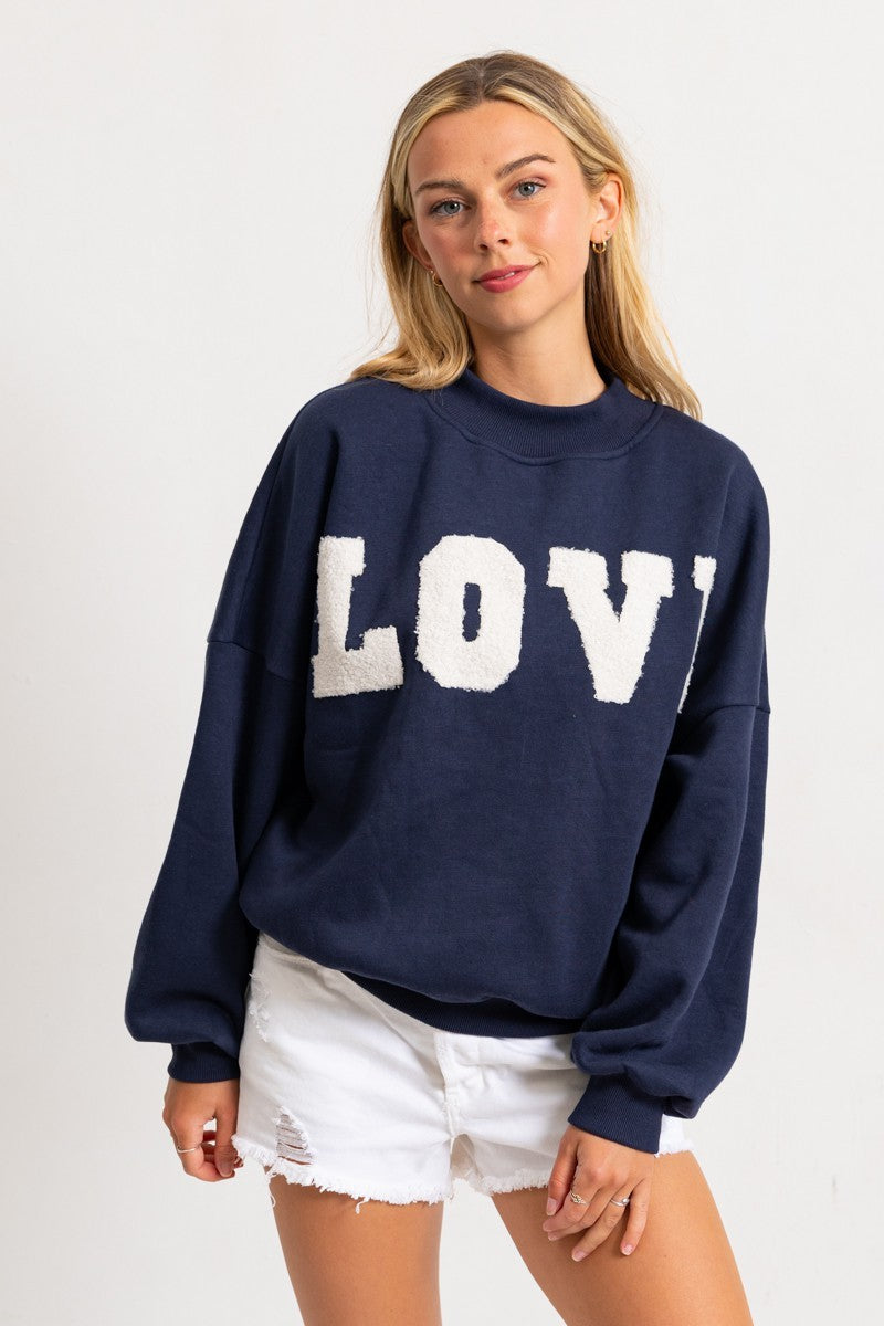 T4245FG - Love Patched Loose Fit Crew Neck Pullover Top